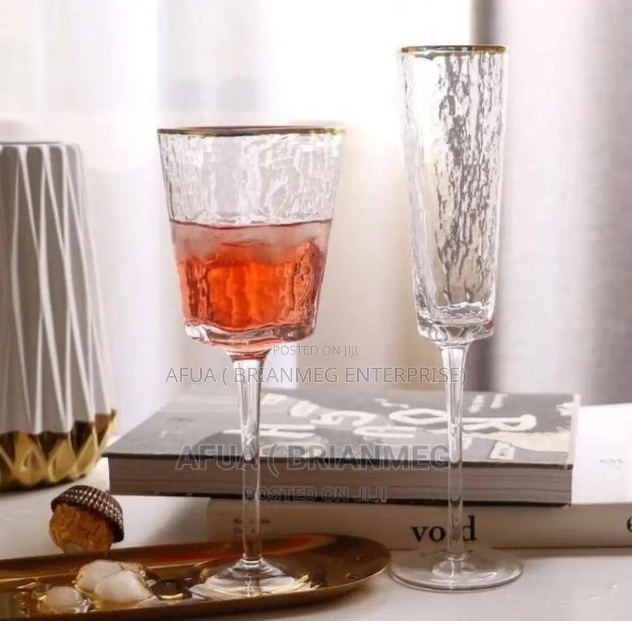 Hammered Grain Crystal Glass With Gold Rim (6pis)