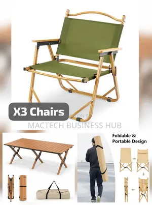 1 Large Wood-Grain Folding Table 3 Lightweight Picnic Chairs