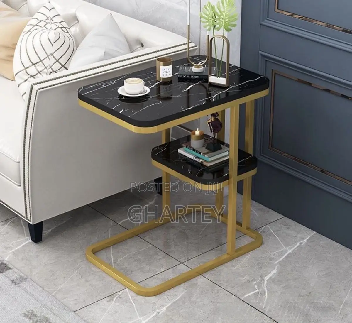 Modern Wooden Marble Effect-Top Side Table With Gold Frame Black