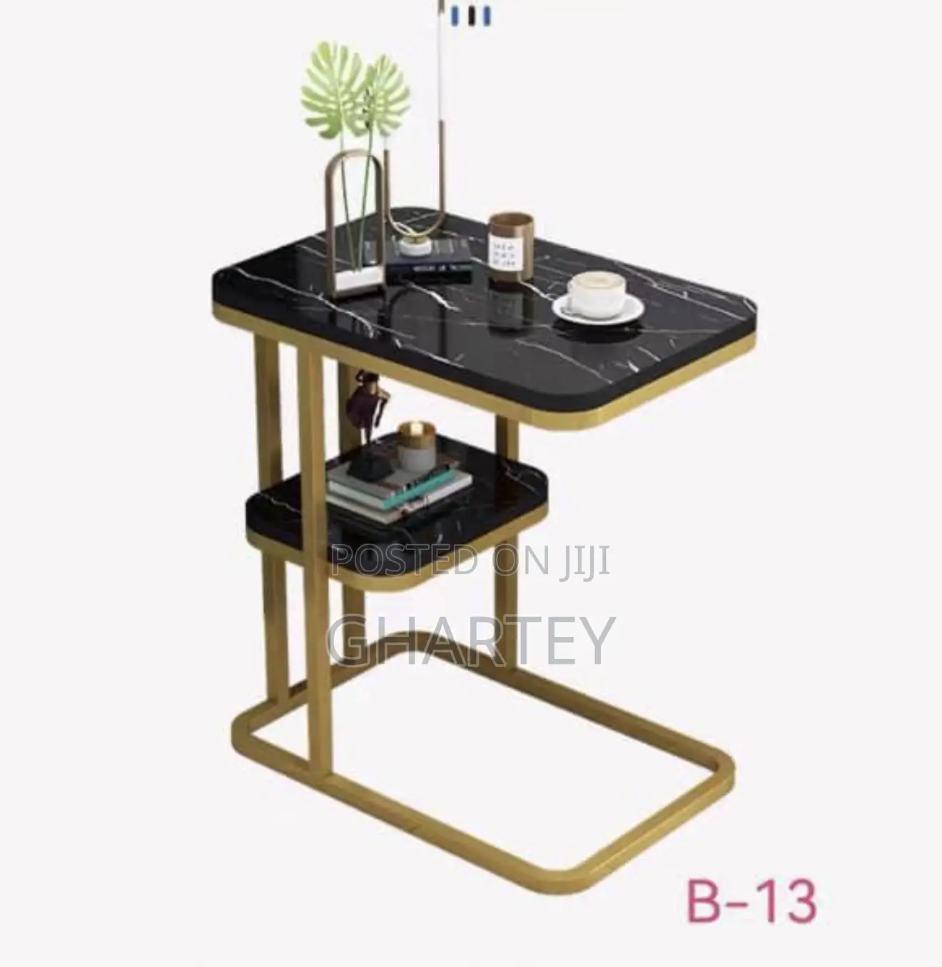 Modern Wooden Marble Effect-Top Side Table With Gold Frame Black