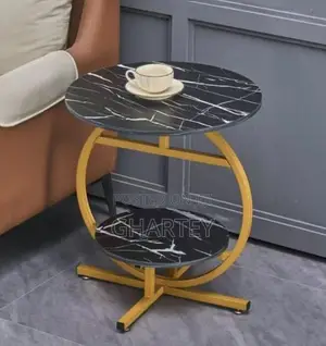 Luxury Black Woodmarble Like Two-Tier Side Table With Gold Frame