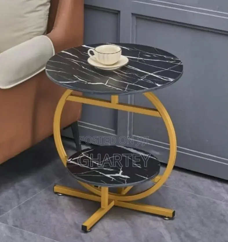 Luxury Black Woodmarble Like Two-Tier Side Table With Gold Frame