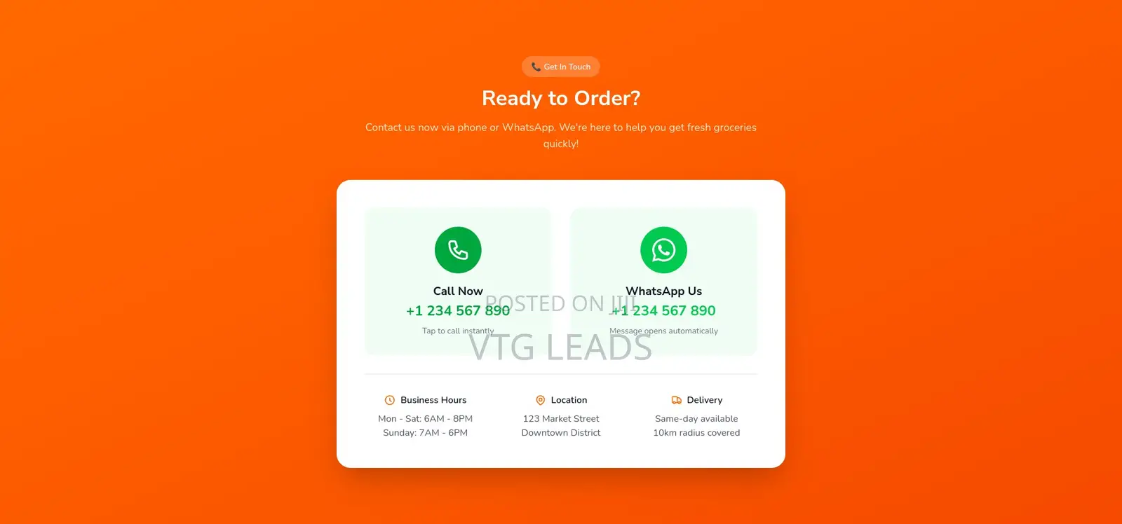 Food Retailer Landing Page - Customers Call or Whatsapp You