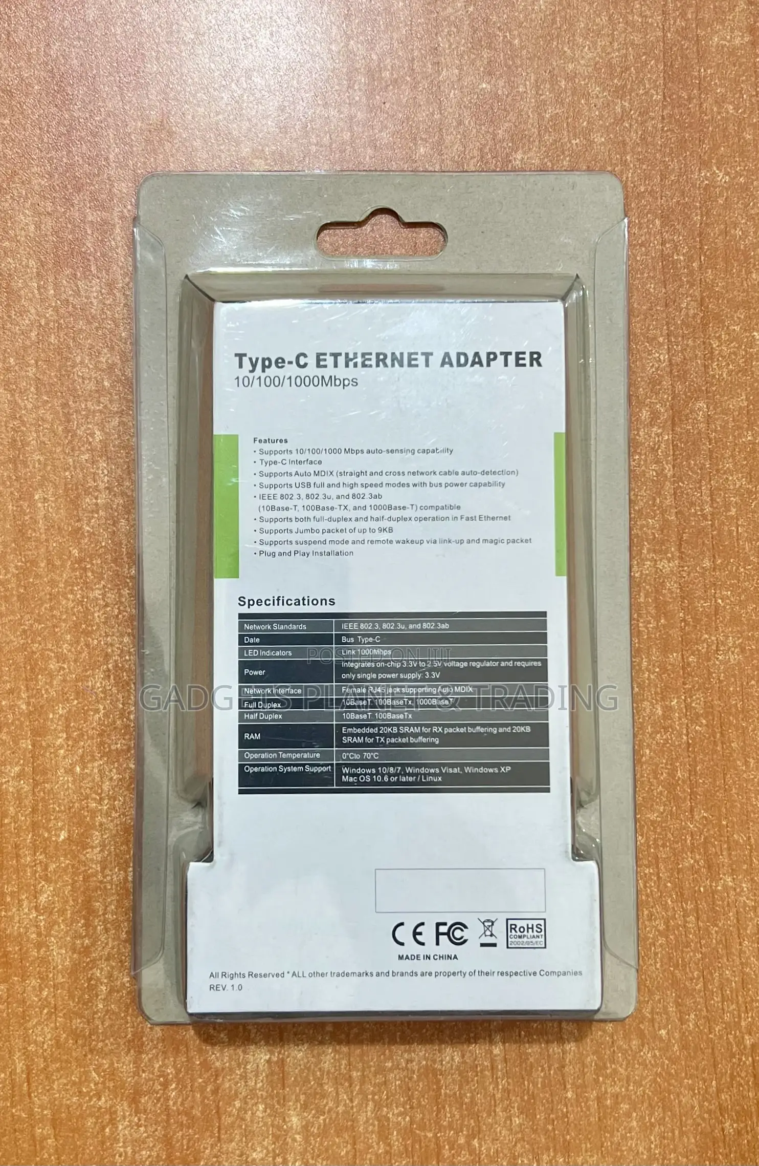 Type-C Male to Rj45 Gigabit Cable Ethernet Adapter