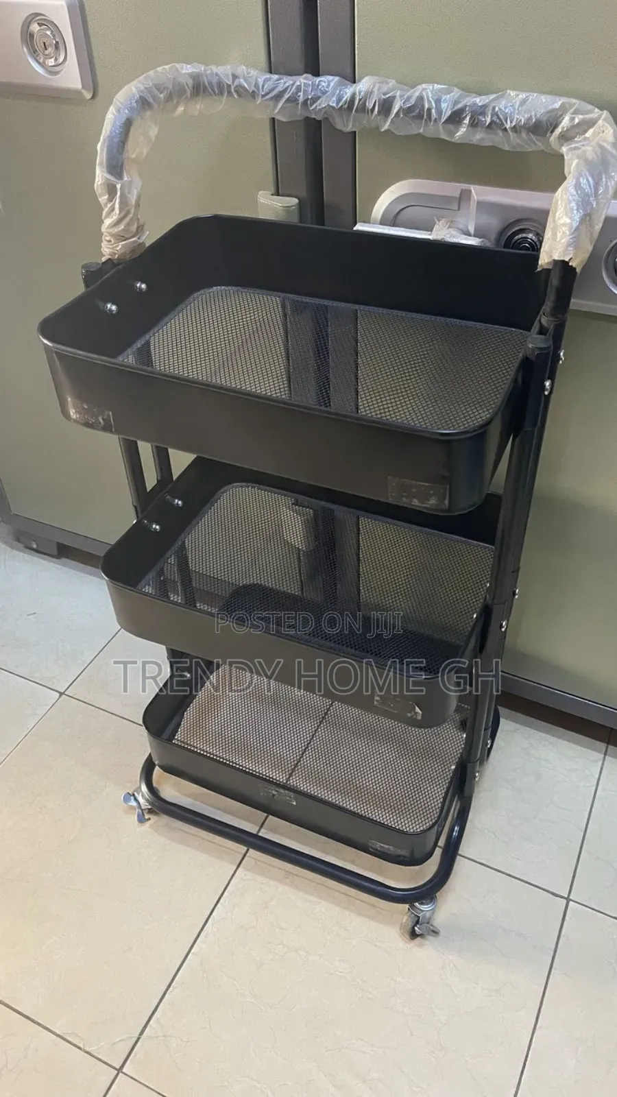 3-Tier Metallic Trolley Cart – Strong Multi-Purpose Storage Rack