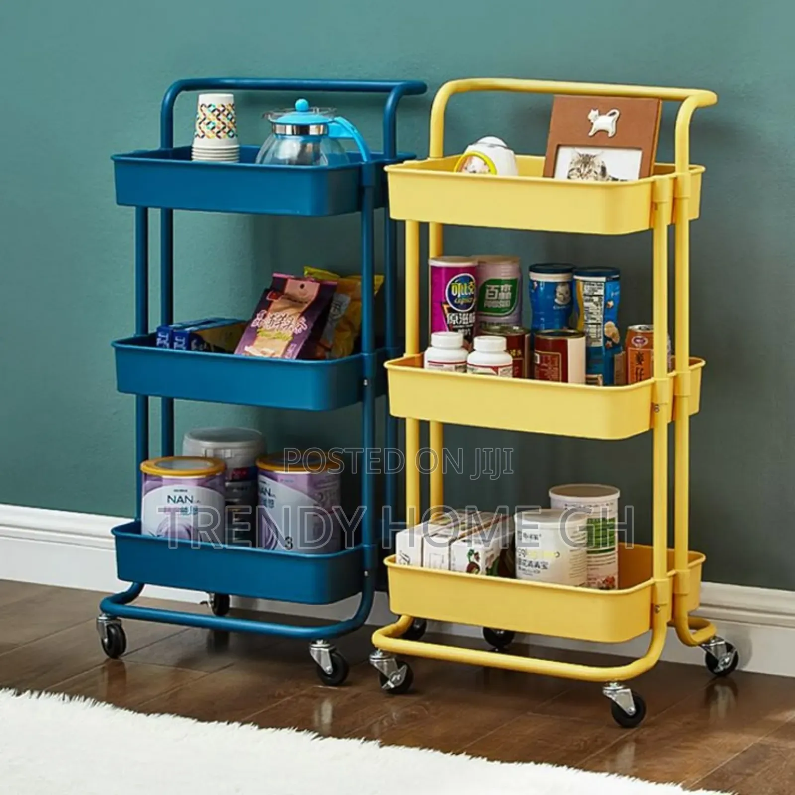 3-Tier Metallic Trolley Cart – Strong Multi-Purpose Storage Rack