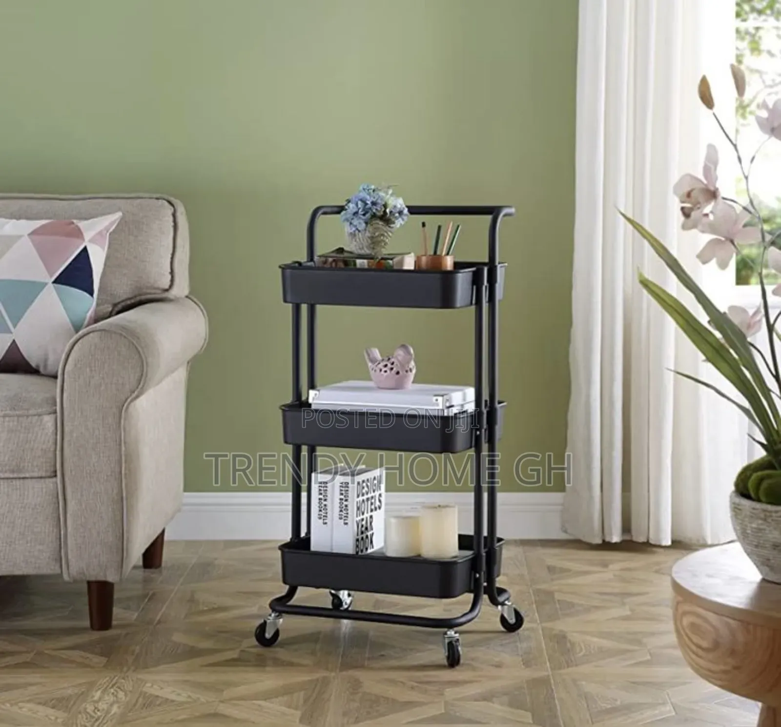 3-Tier Metallic Trolley Cart – Strong Multi-Purpose Storage Rack