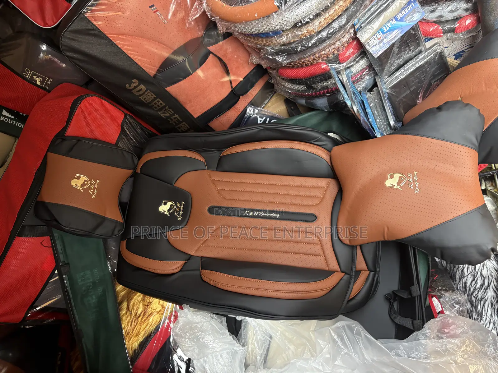 Complete Brown and Black Leather Seat Covers With Pillows