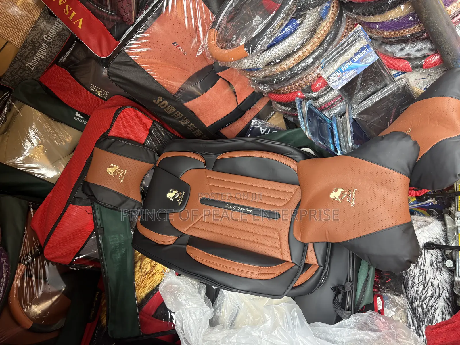Complete Brown and Black Leather Seat Covers With Pillows