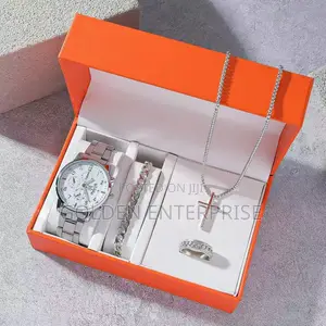 4-in-1 Men’S Silver Watch Jewelry Gift Set