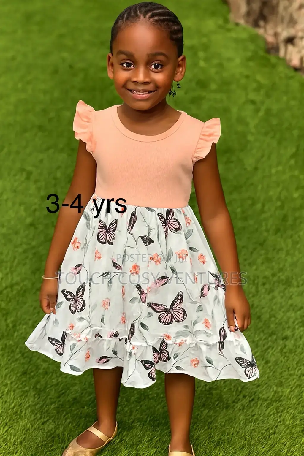 Peach Ruffle Top Butterfly Floral Skirt Dress (3–4 Yrs)