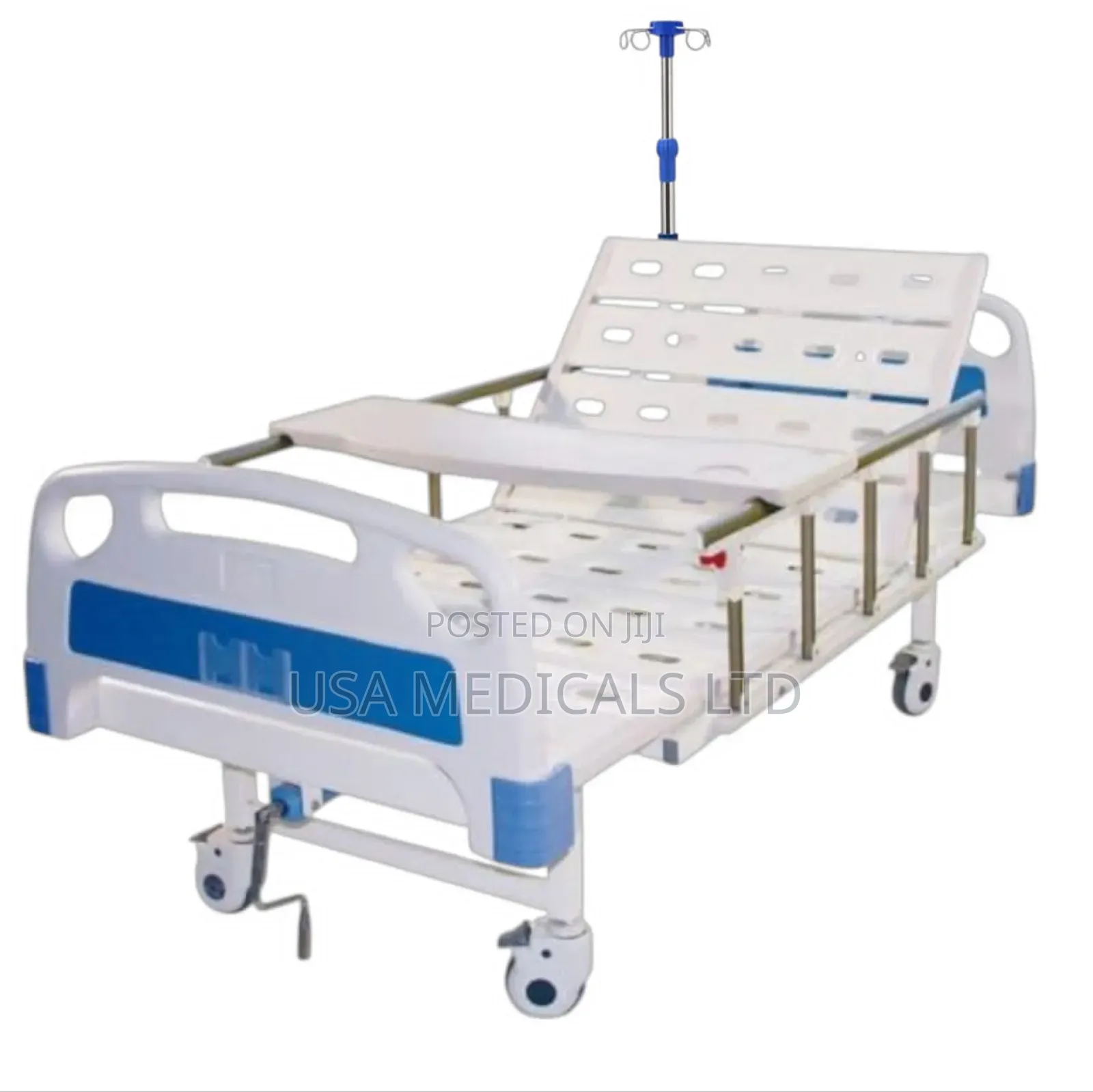 Hospital Bed With Drip Stand and Overbed Table (No Mattress)