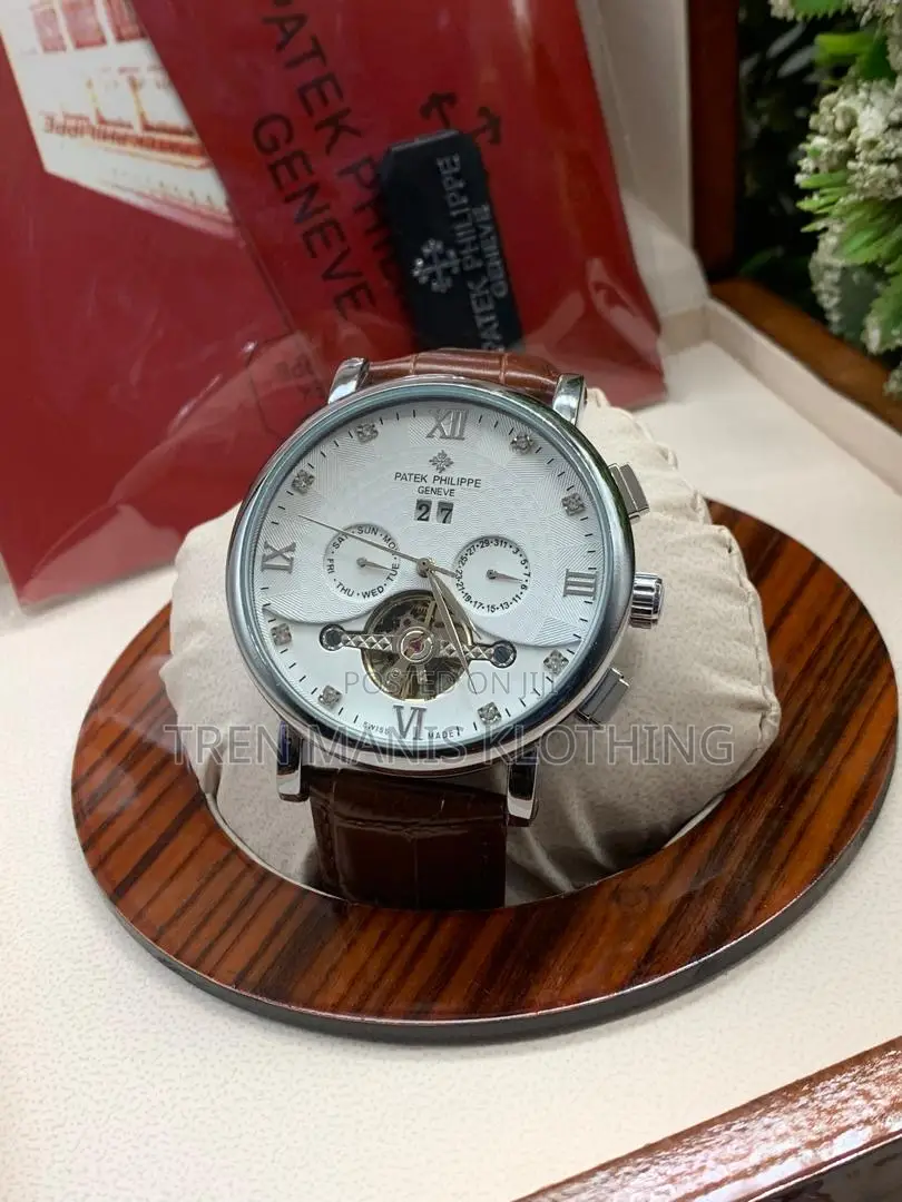 Silver Brown Leather Automatic Patek Philippe Watch With White Surface