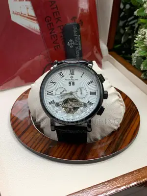 Black Leather Patek Philippe Automatic Watch With Black/White Surface