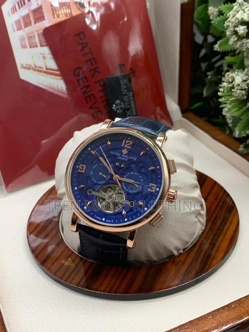 Black Leather Patek Philippe Automatic Watch With Black/White Surface