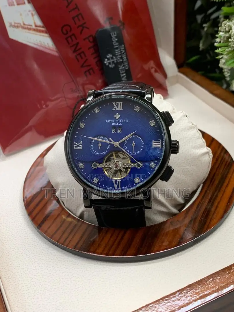 Black Leather Patek Philippe Automatic Watch With Black/White Surface