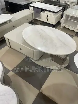 Modern Beige Oval Coffee Table With Swivel Marble Top and Drawers