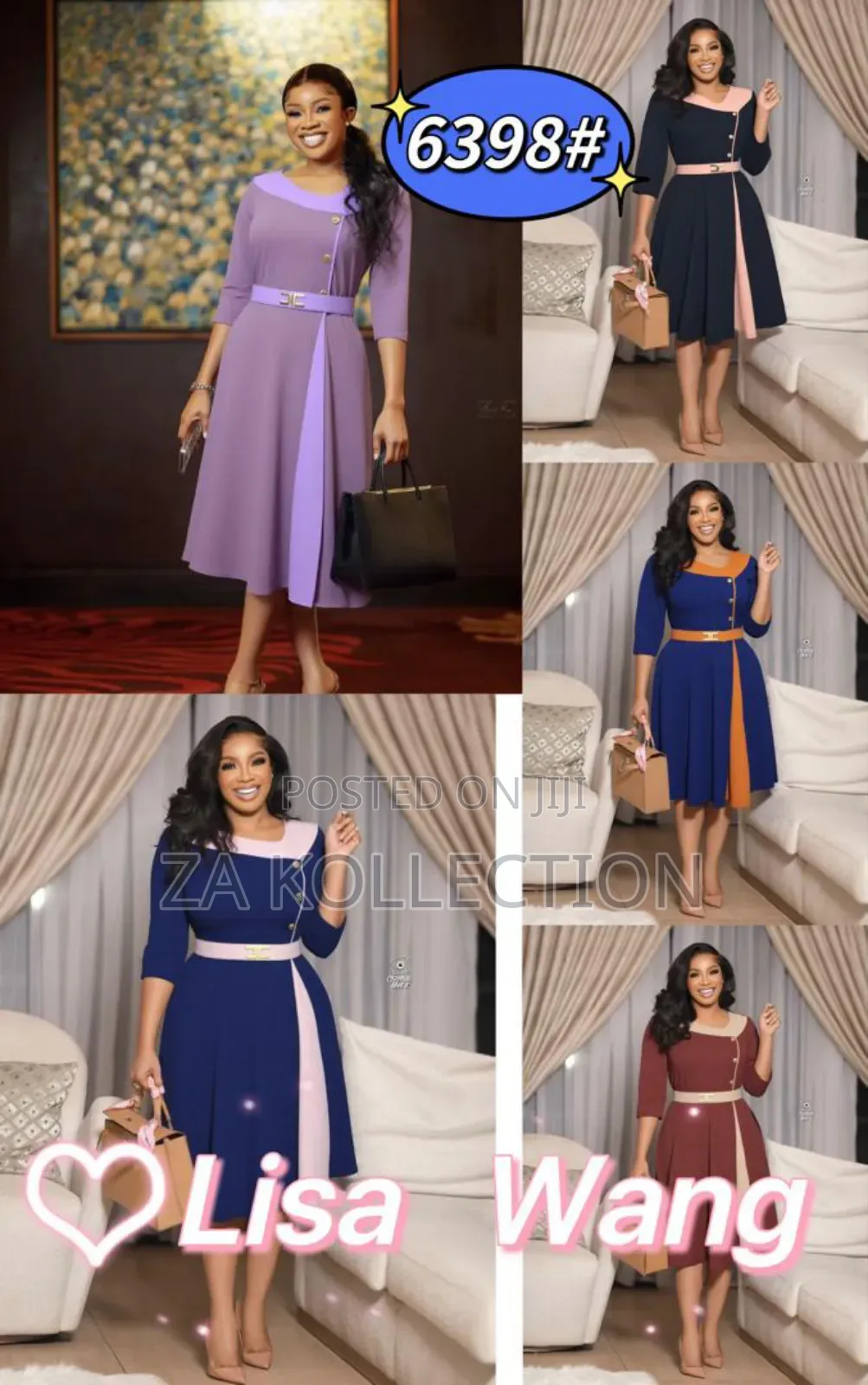 Women's Two Colored Pleated Office Dress With Belt