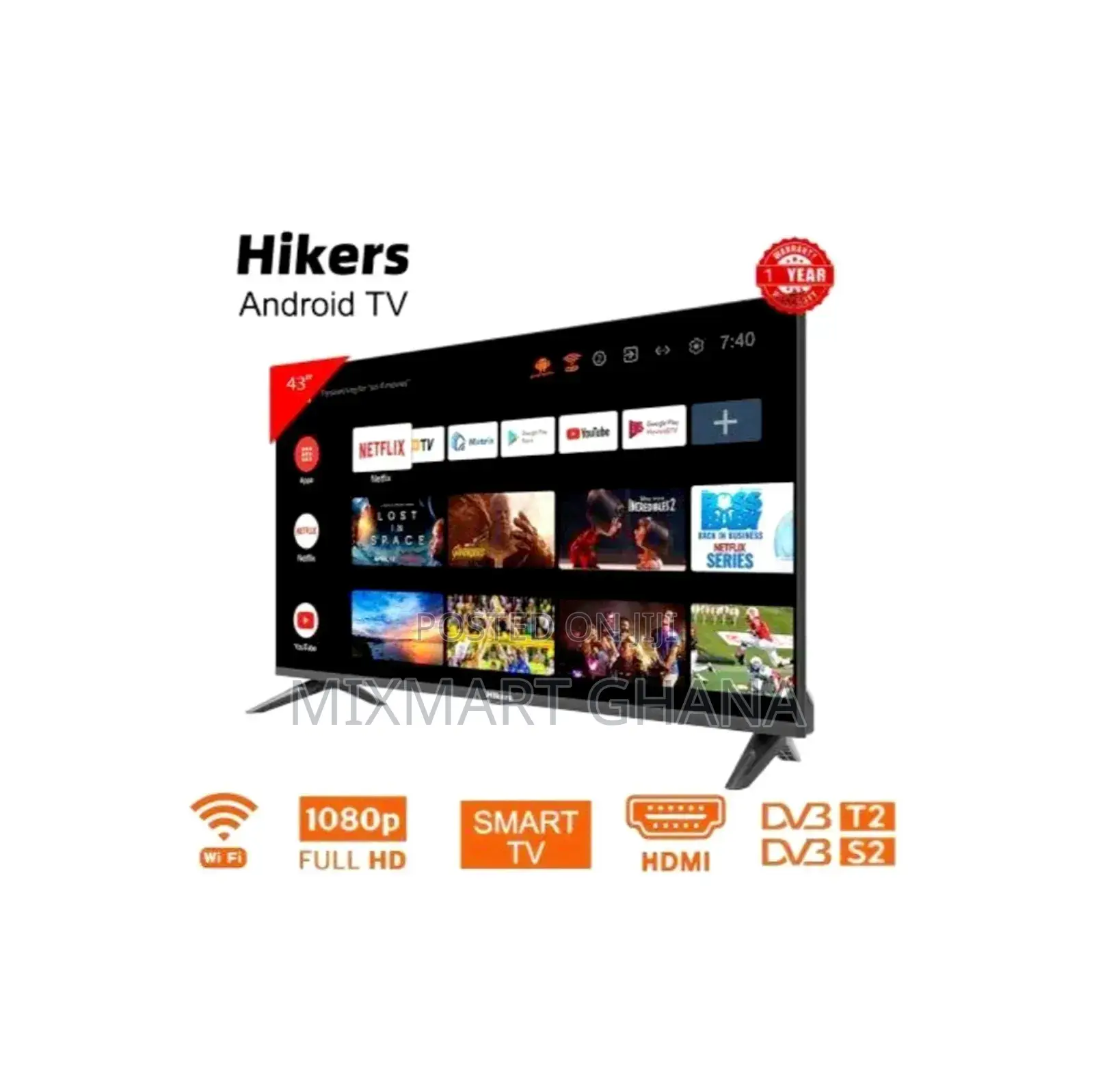 Hikers 43" Inch- Frameless Android Smart FHD Led Tv - Hdmi - Black