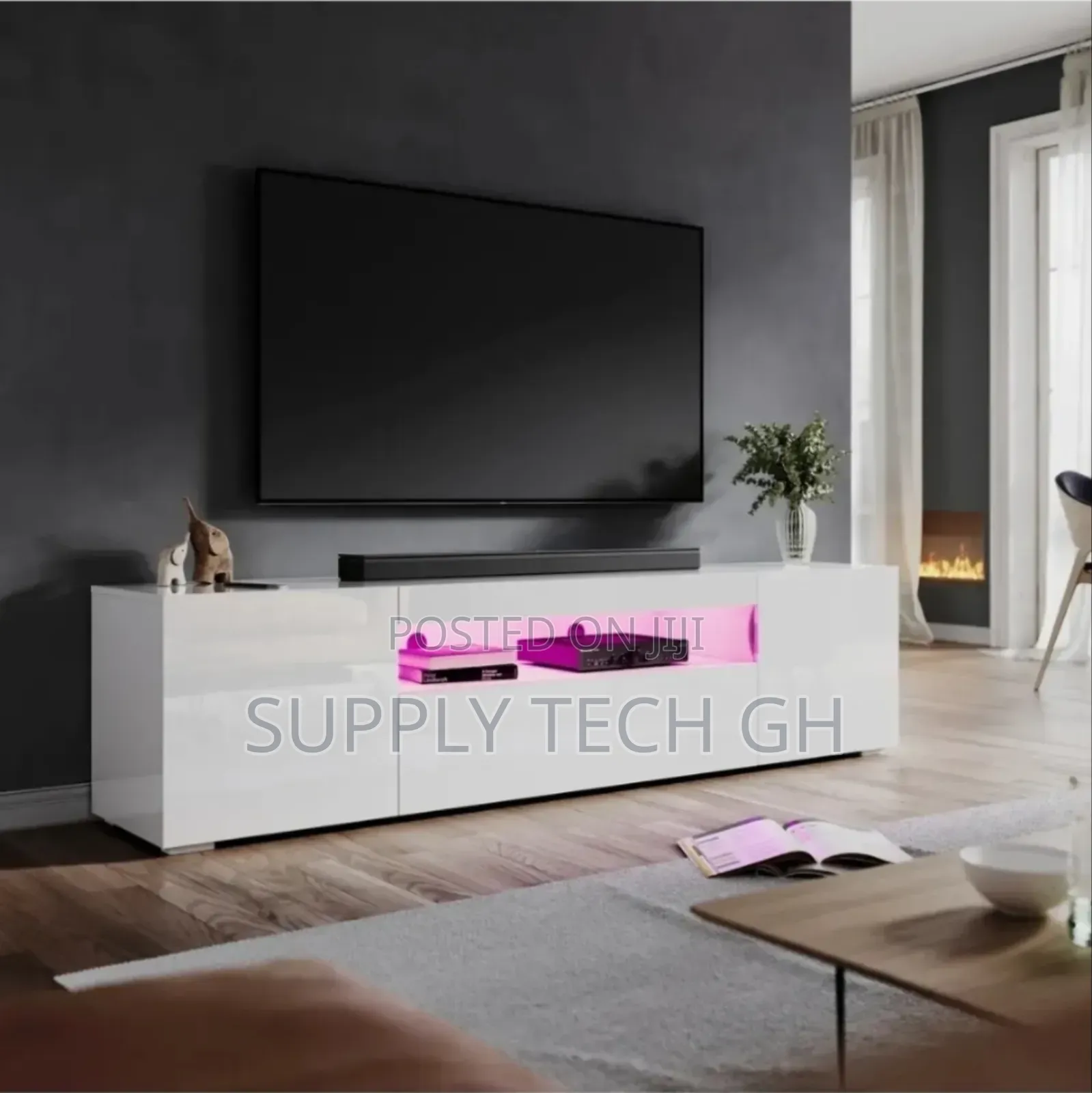 High Gloss 180cm White Tv Unit Stand Cabinet With Rgb Led Living Room