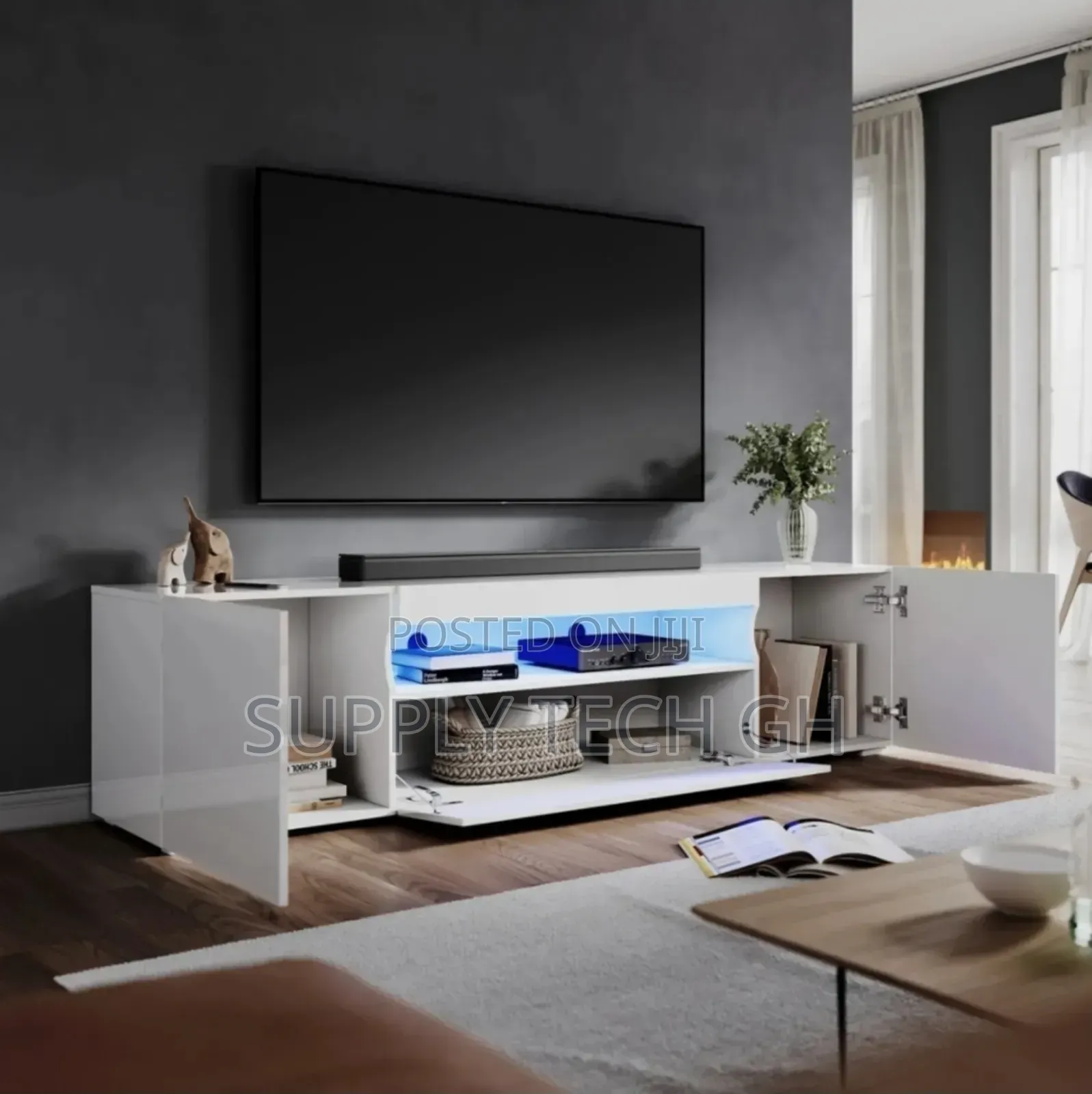 High Gloss 180cm White Tv Unit Stand Cabinet With Rgb Led Living Room