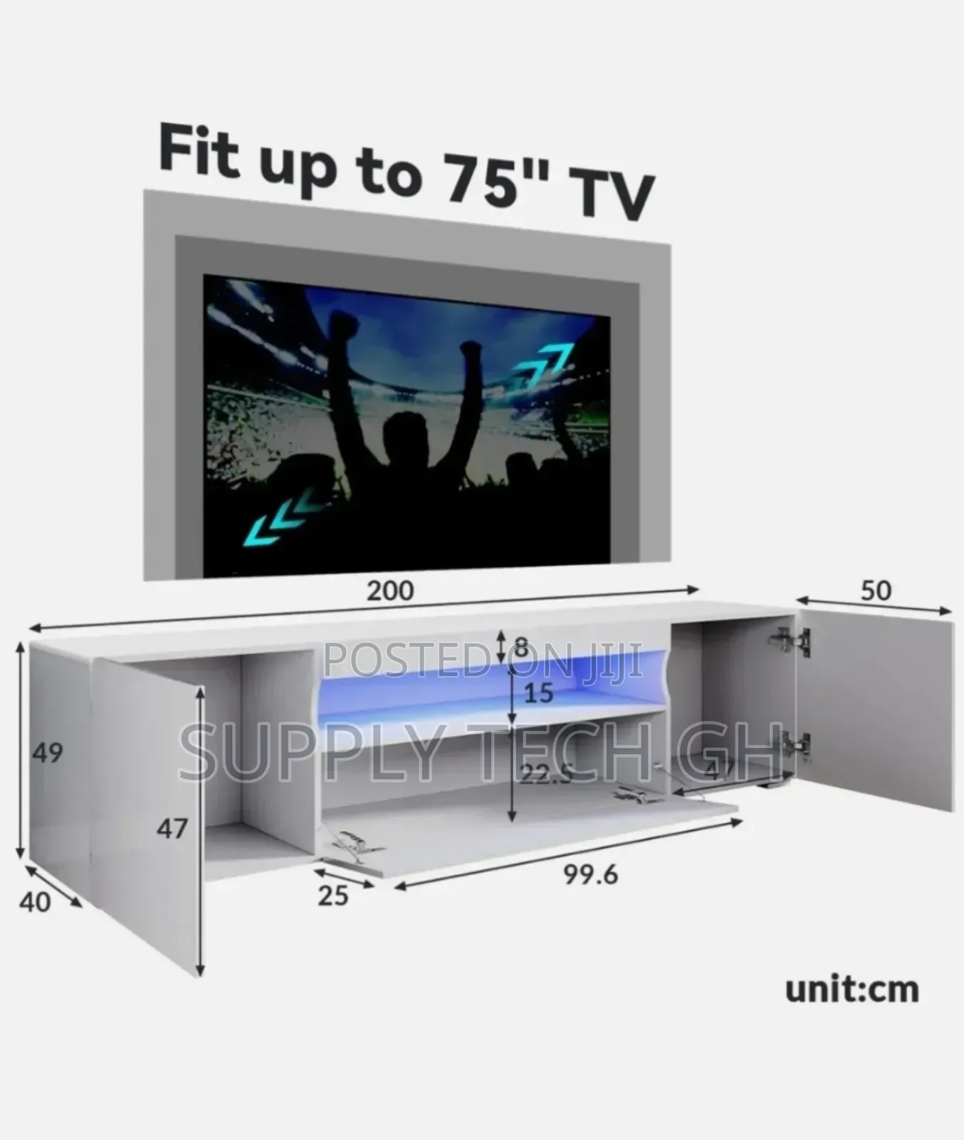 High Gloss 180cm White Tv Unit Stand Cabinet With Rgb Led Living Room