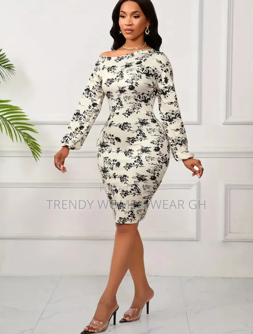 Elegant Asymmetrical Neck Floral Draped Bodycon Knit Dress