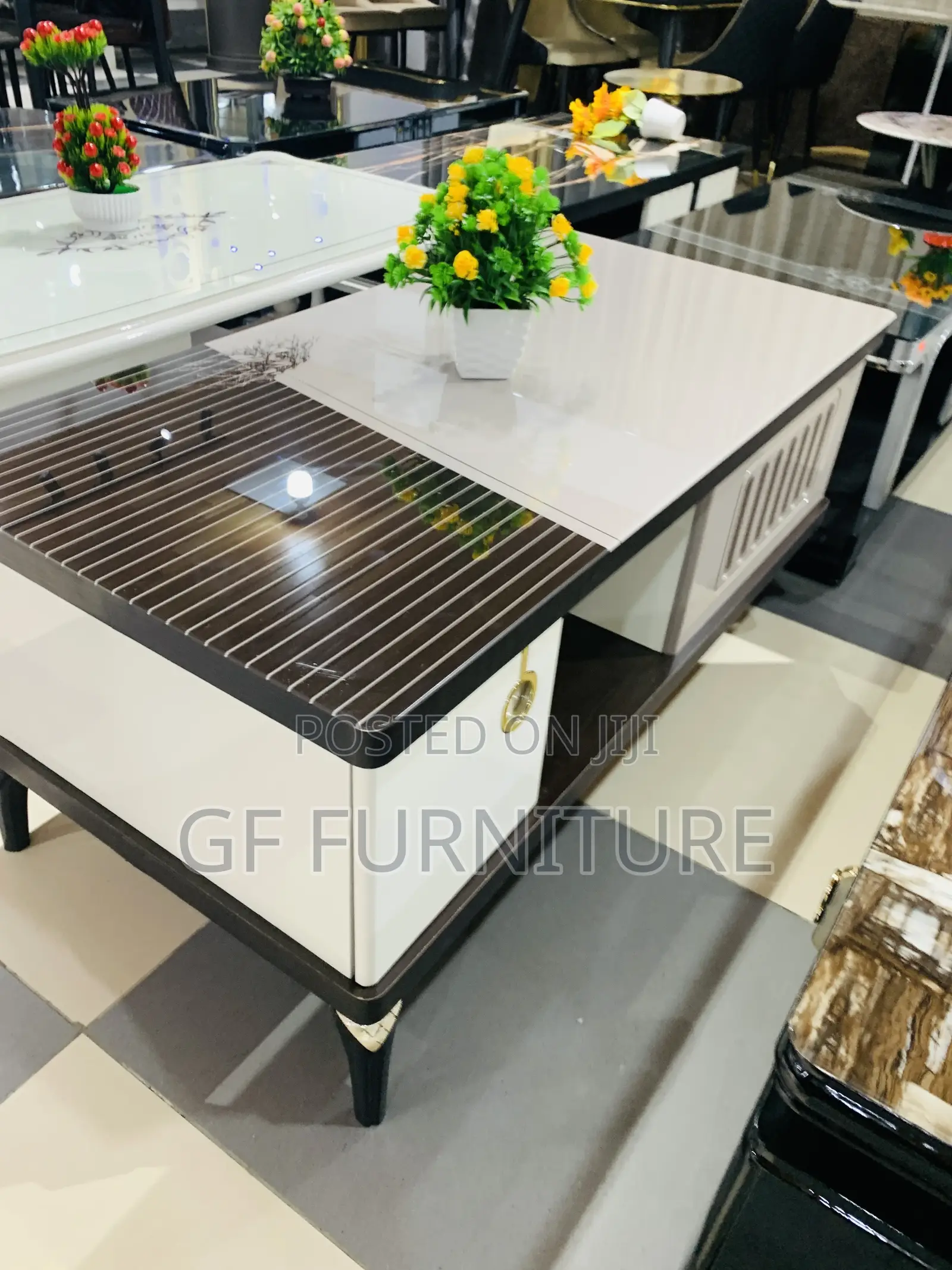 Modern High-Gloss White and Brown Coffee Table