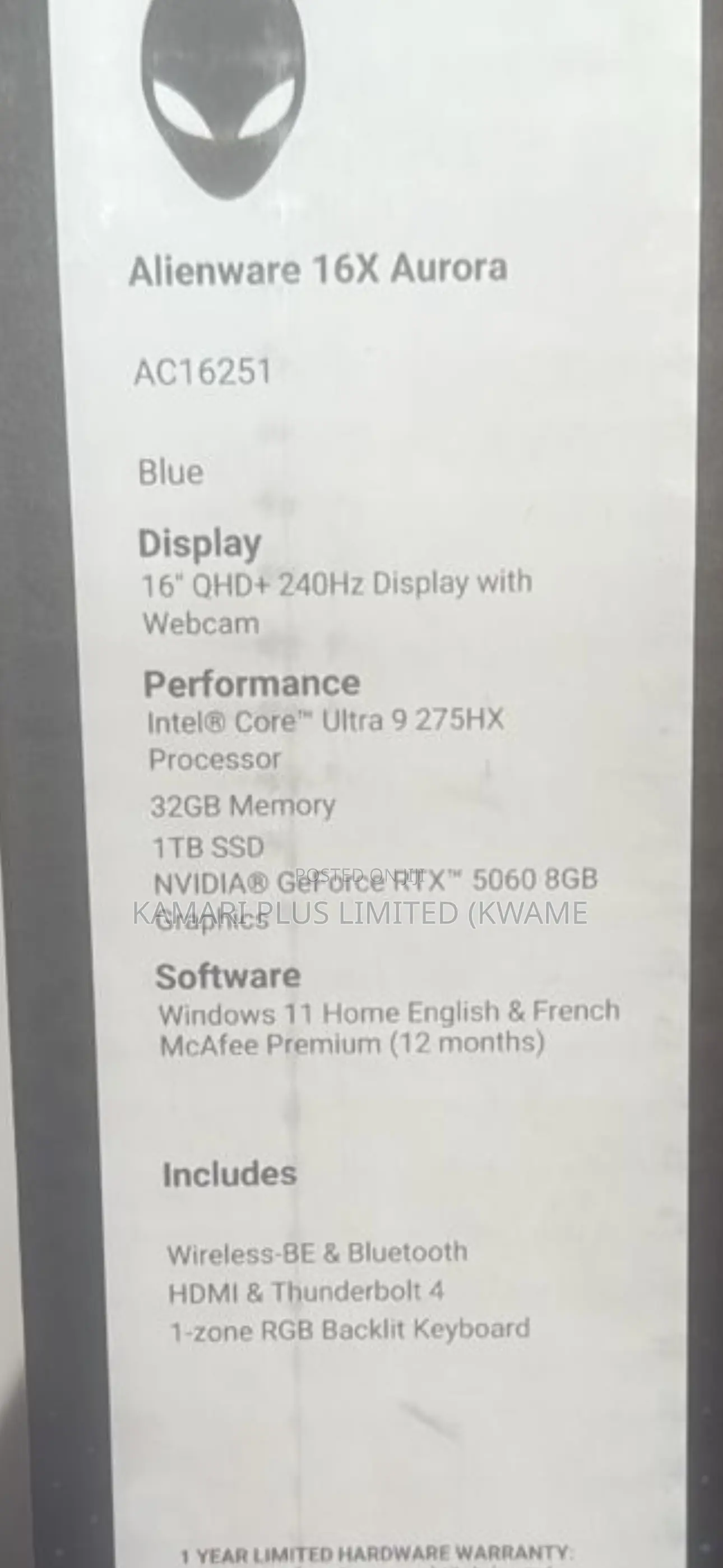 New Laptop Dell Alienware 16X Aurora 36GB Intel Core Ultra 9 SSD 1T