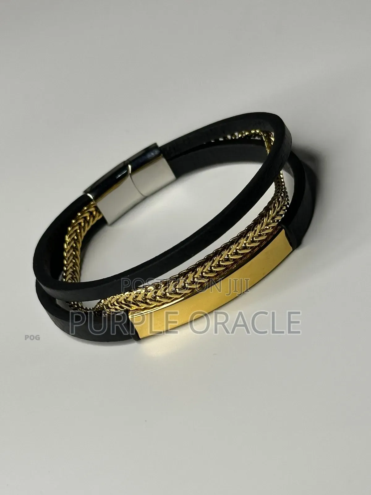 Men's Black Leather And Gold-plated Bracelet.
