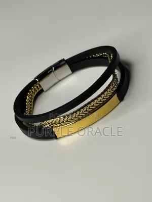 Men's Black Leather And Gold-plated Bracelet.
