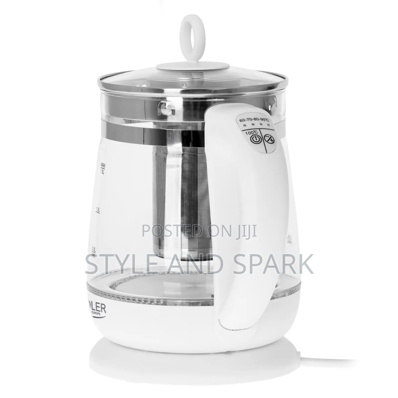 Adler White Kettle Glass 1.5l - With Temp. Control and Tea Infuser