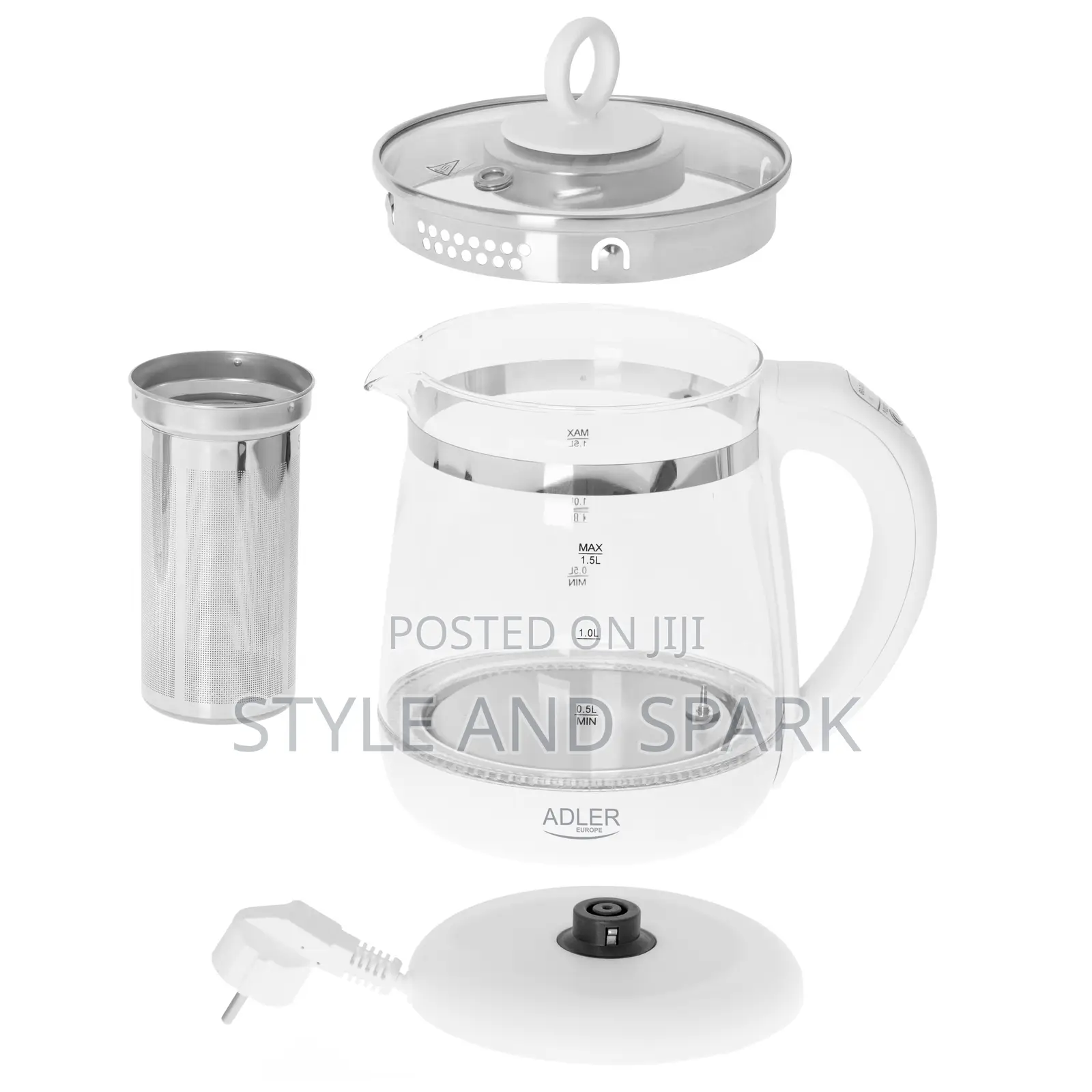 Adler White Kettle Glass 1.5l - With Temp. Control and Tea Infuser