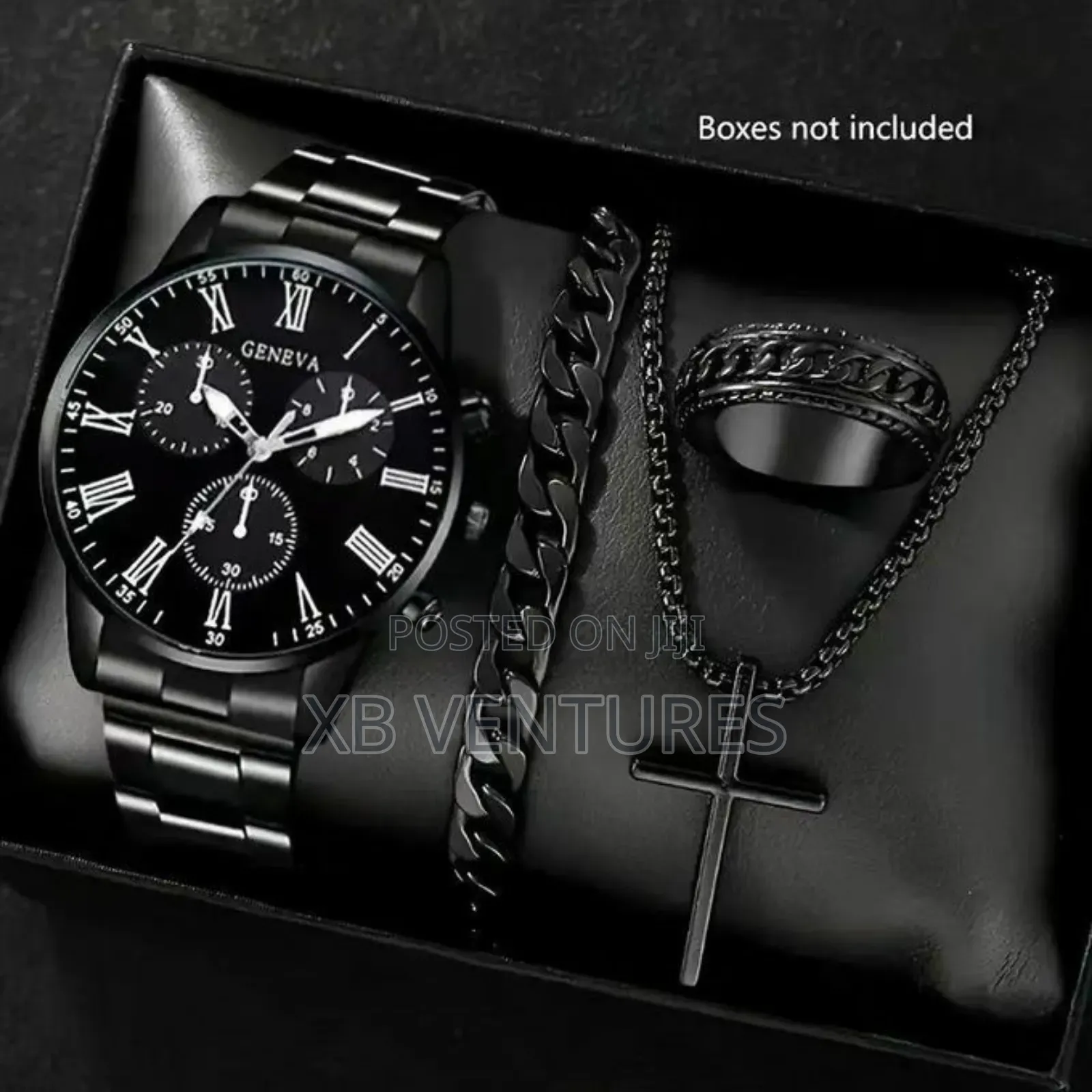 Bold-Look Black-Tone Wrist Watch + Matching Bracelet Set