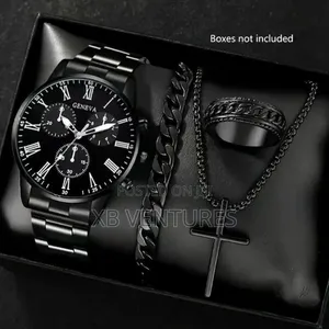 Bold-Look Black-Tone Wrist Watch + Matching Bracelet Set