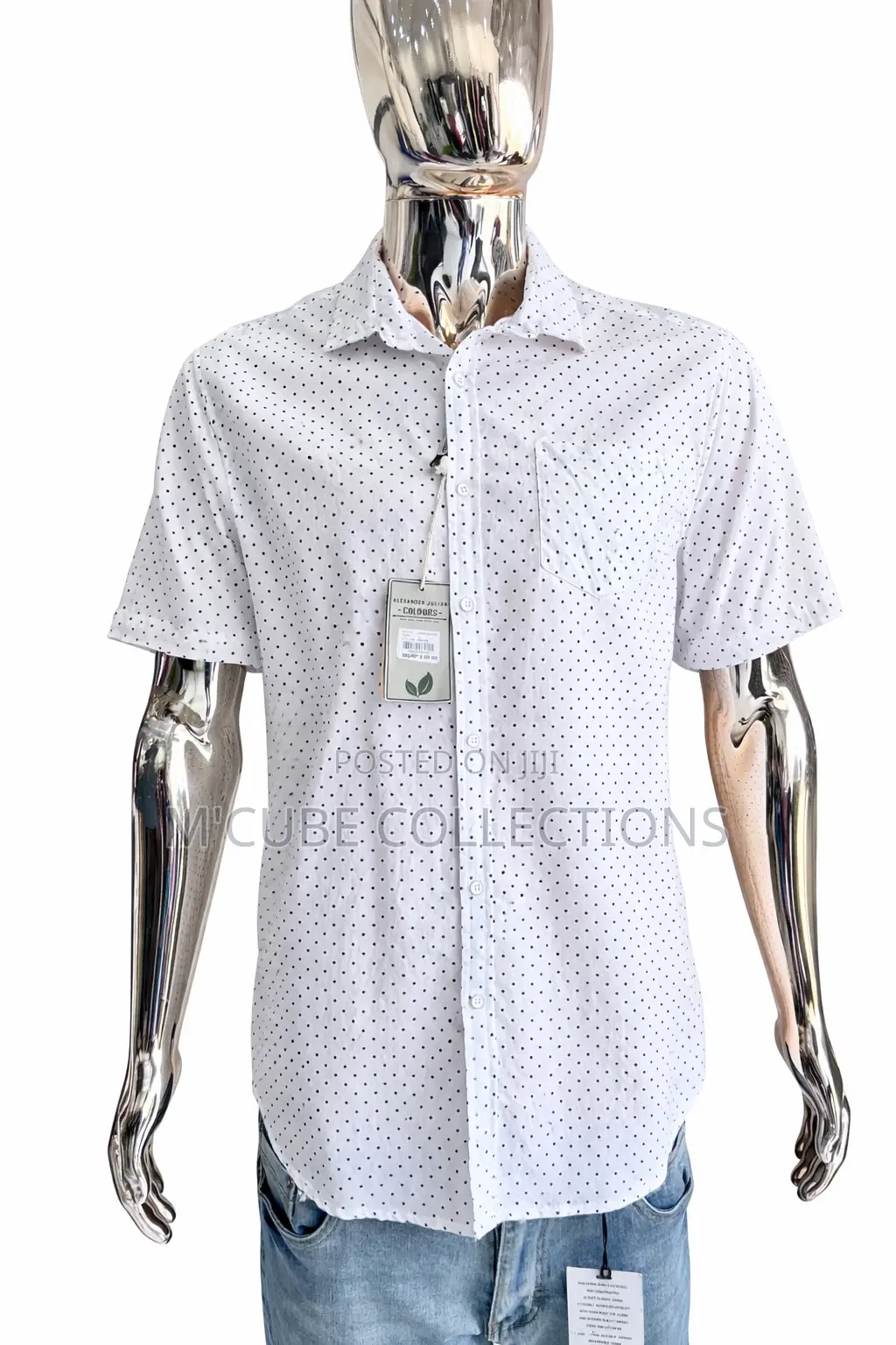 Men’S White Shorts-Sleeve Printed Button-Up Shirt