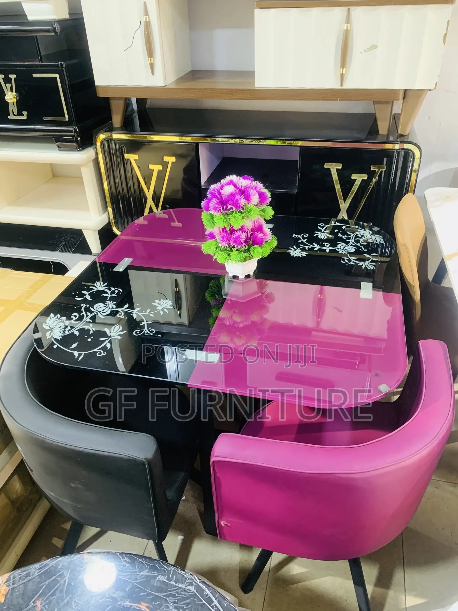 Modern Red Black 4-Seater Glass Dining Set