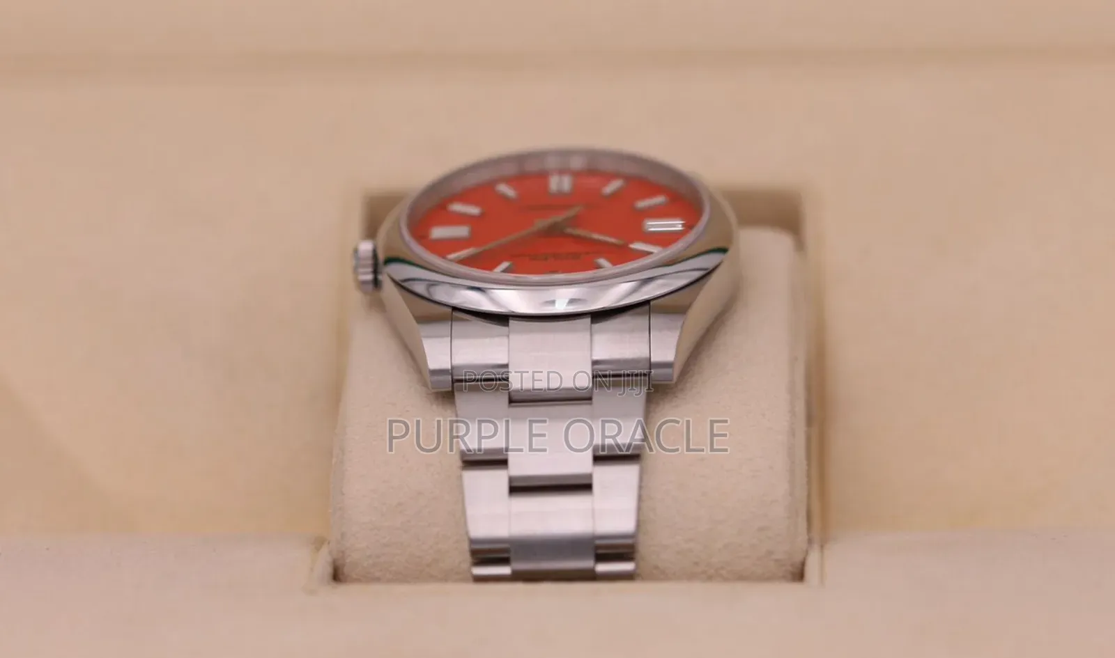 Rolex Oyster Perpetual 41mm Silver Coral Red Dial Watch
