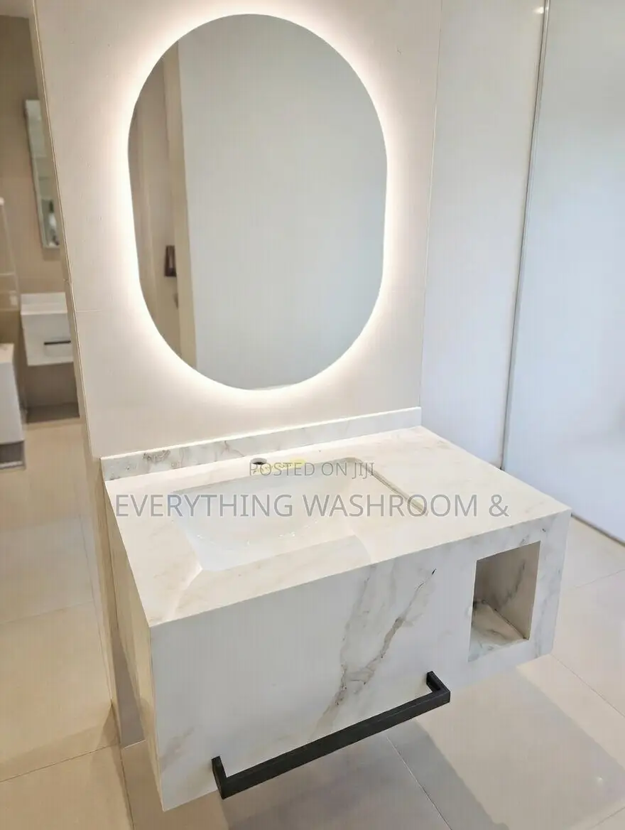 Modern 80cm Marble Bathroom Vanity Cabinet With Oval Led Mirror