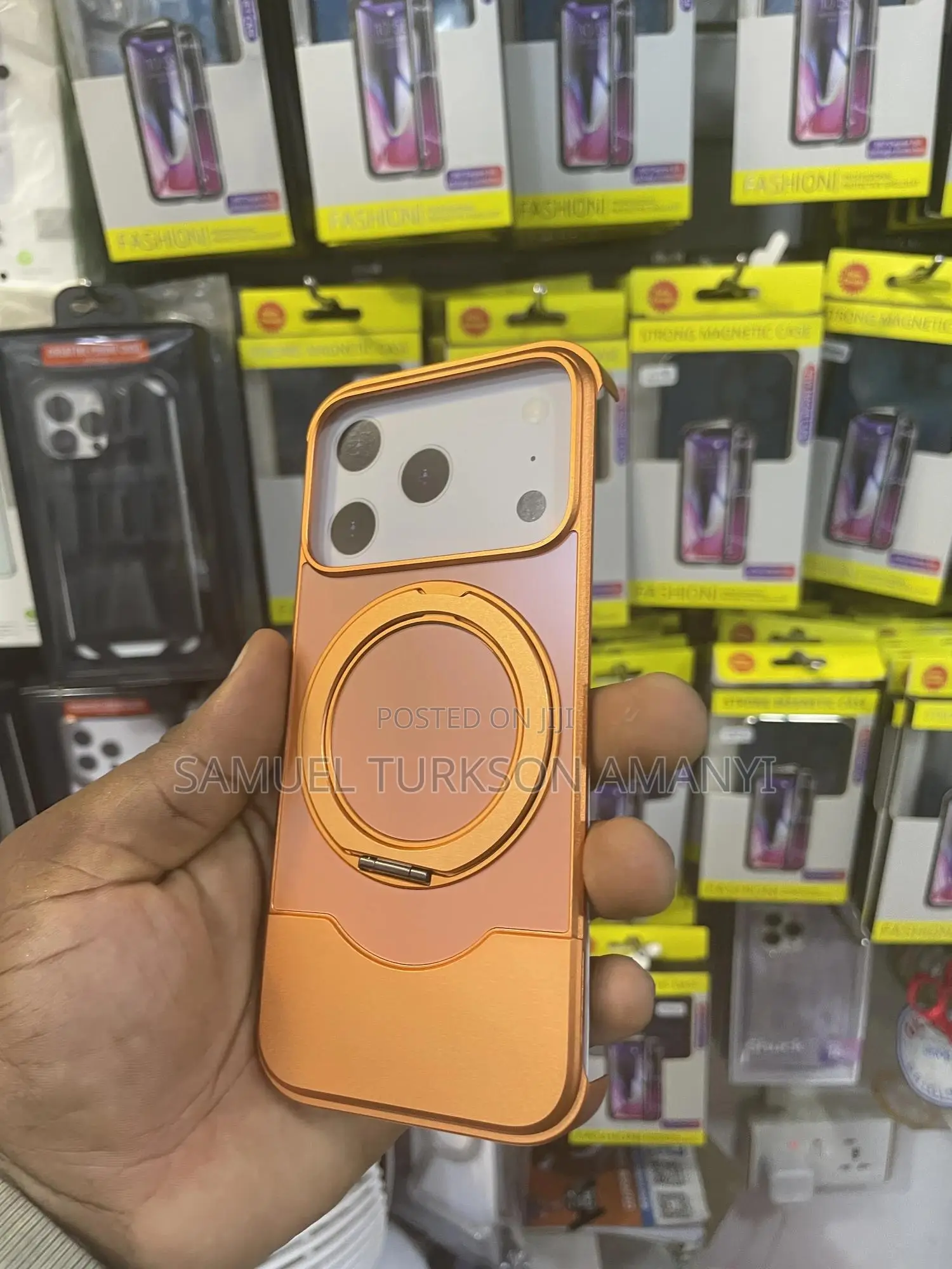 Orange Metal and Leather Magnetic Kickstand Phone Case