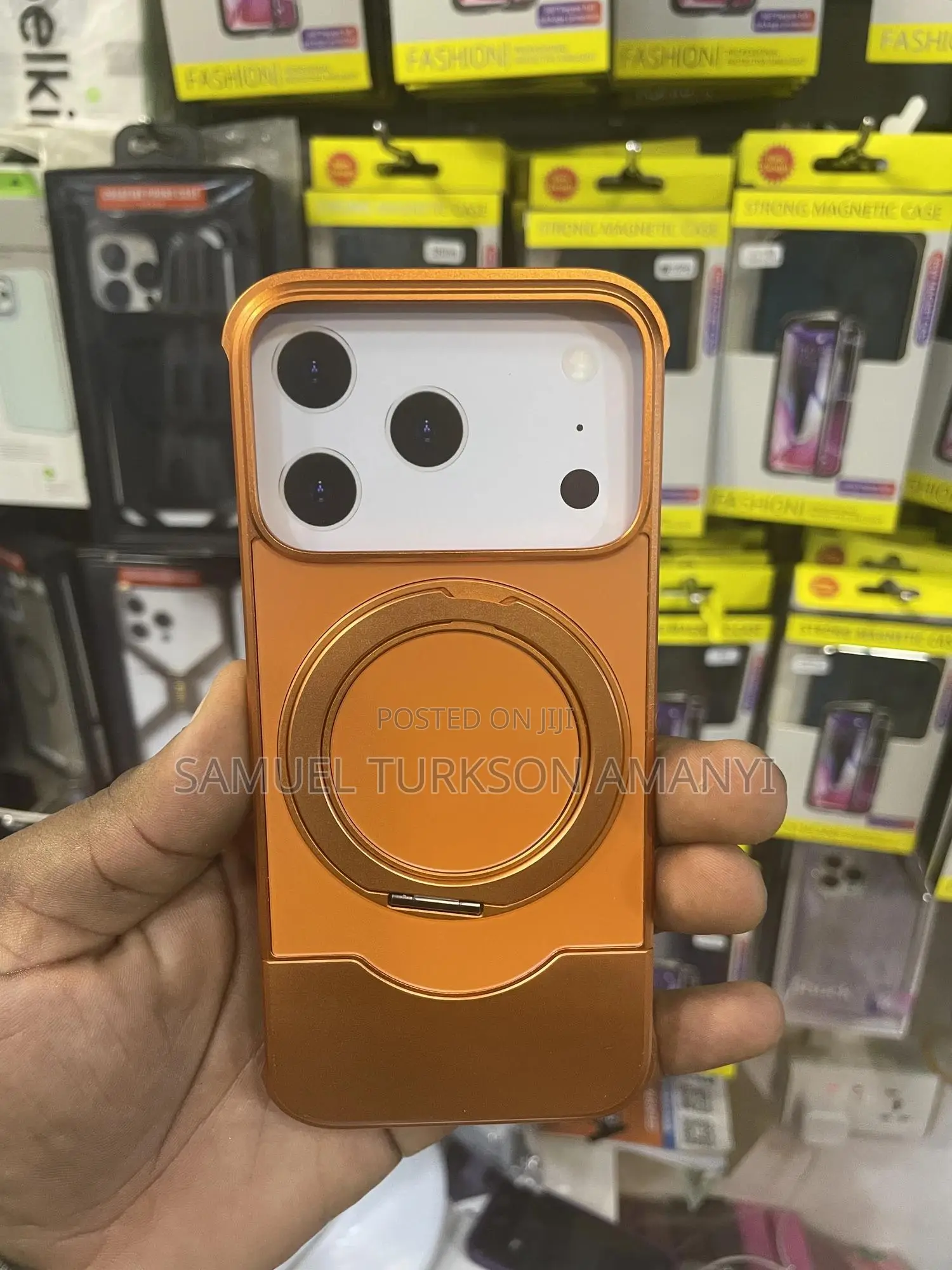 Orange Metal and Leather Magnetic Kickstand Phone Case