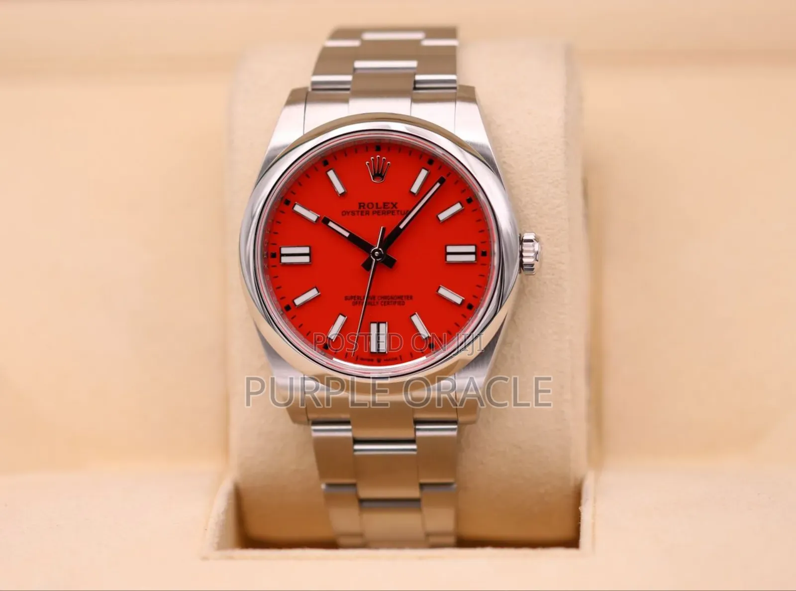 Rolex Oyster Perpetual 41mm Silver Coral Red Dial Watch