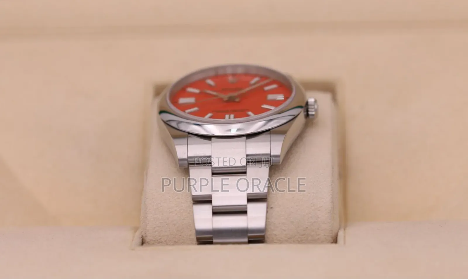 Rolex Oyster Perpetual 41mm Silver Coral Red Dial Watch
