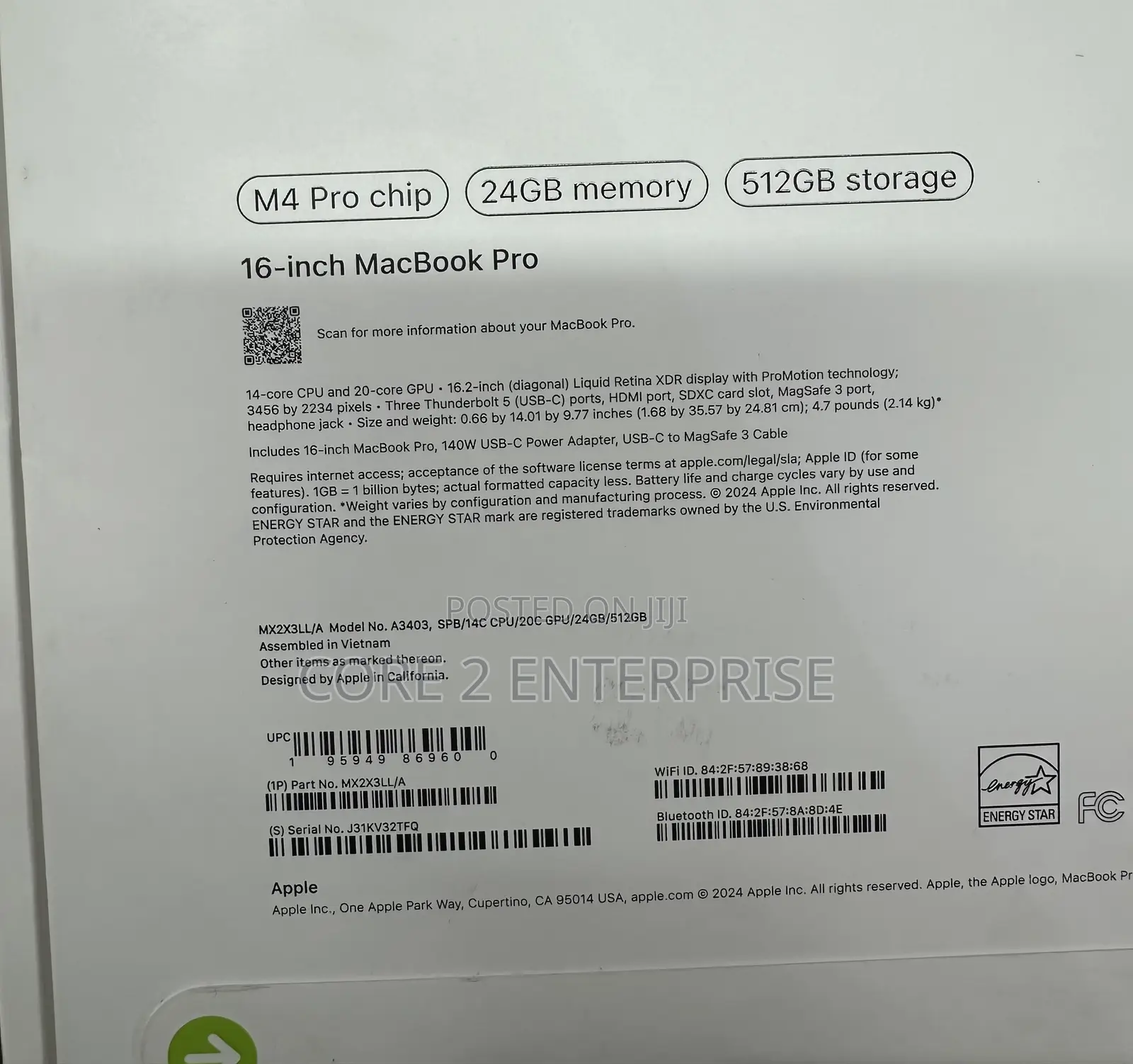 New Apple MacBook Pro 2024 M4 Max 16-Inch 24GB Apple M4 SSD 512GB
