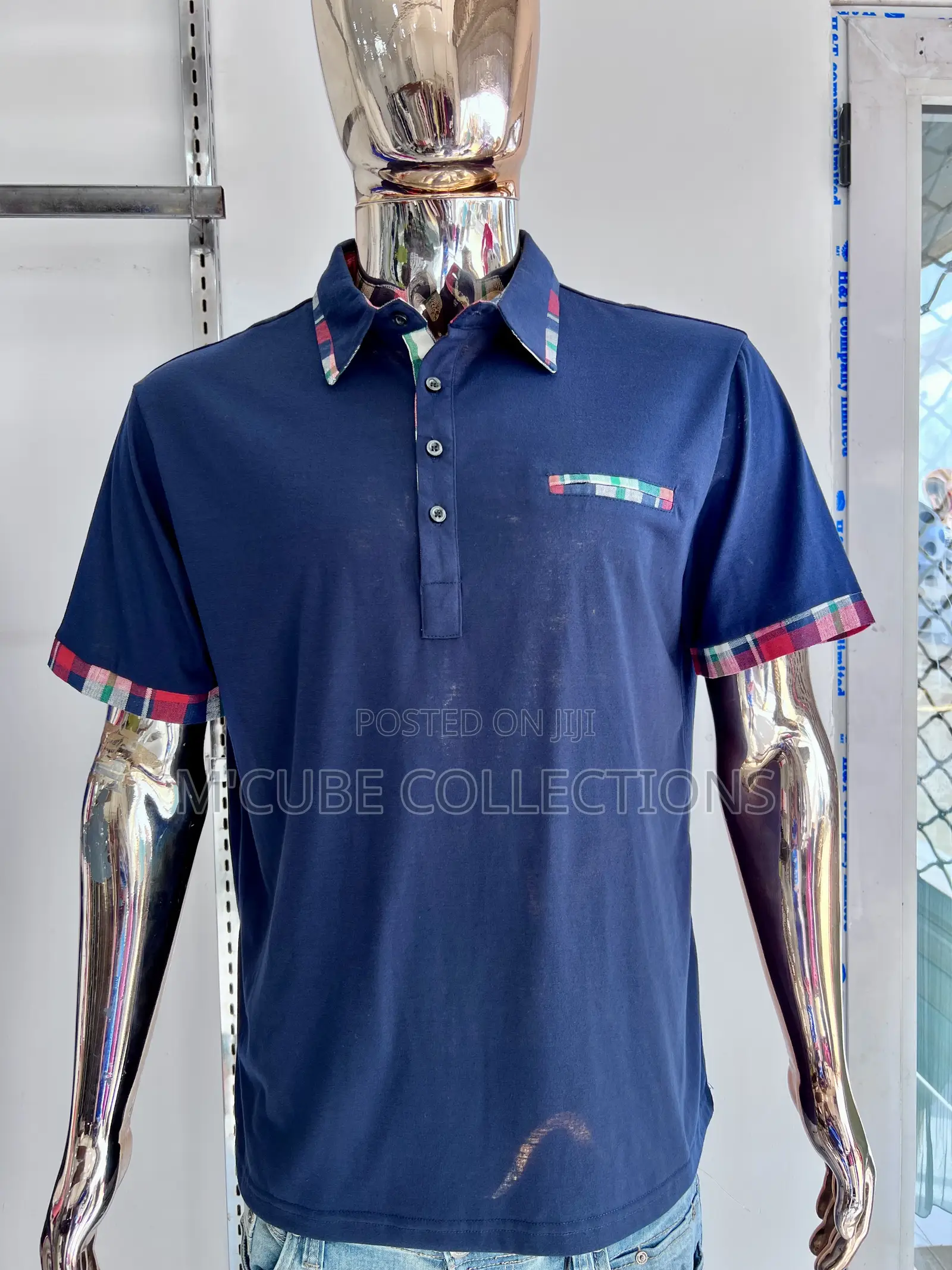 Men’S Navy Blue Polo Shirt With Plaid Trim