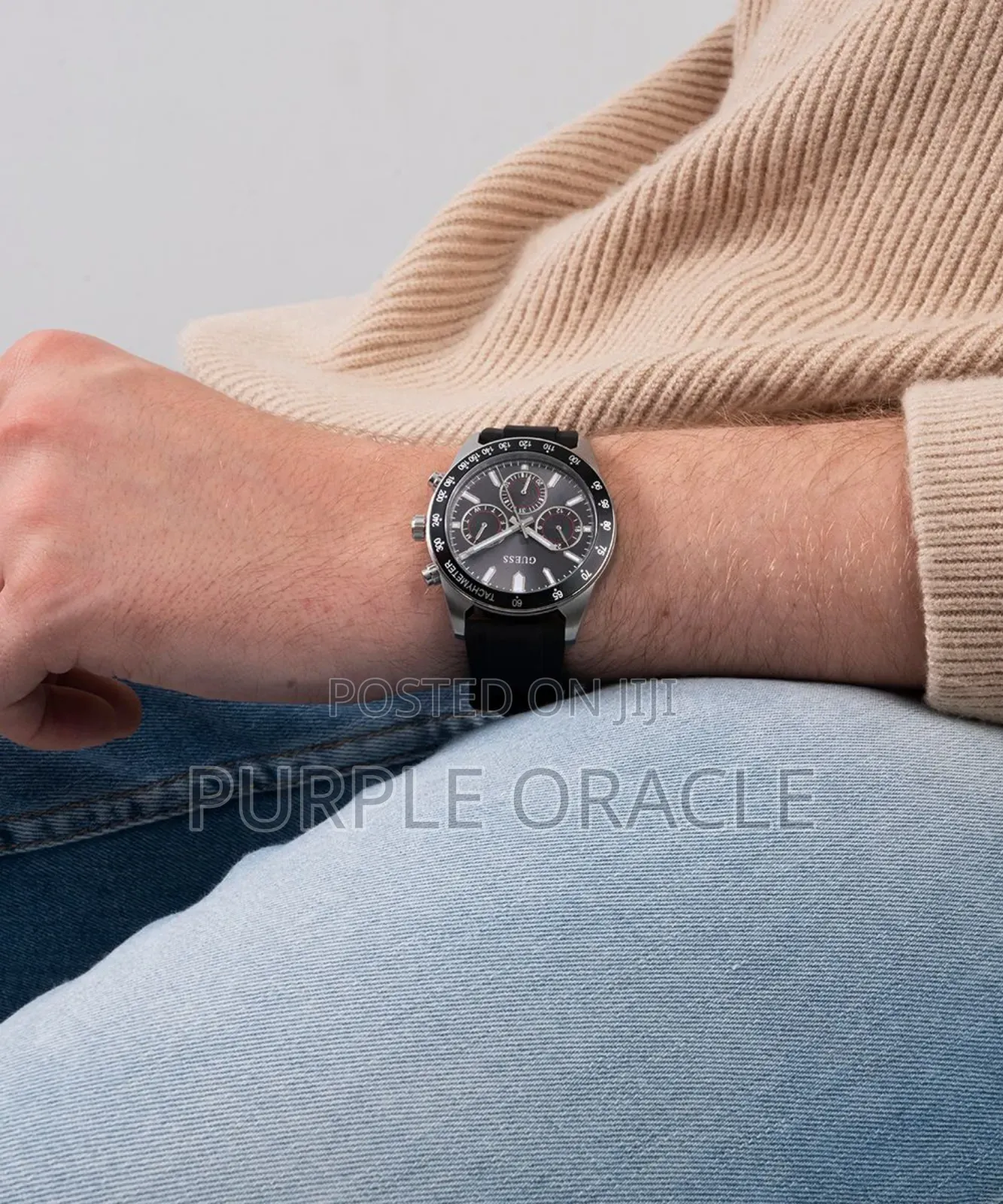 Guess Altitude Silver Black Dial Silicone Strap 42mm Watch.