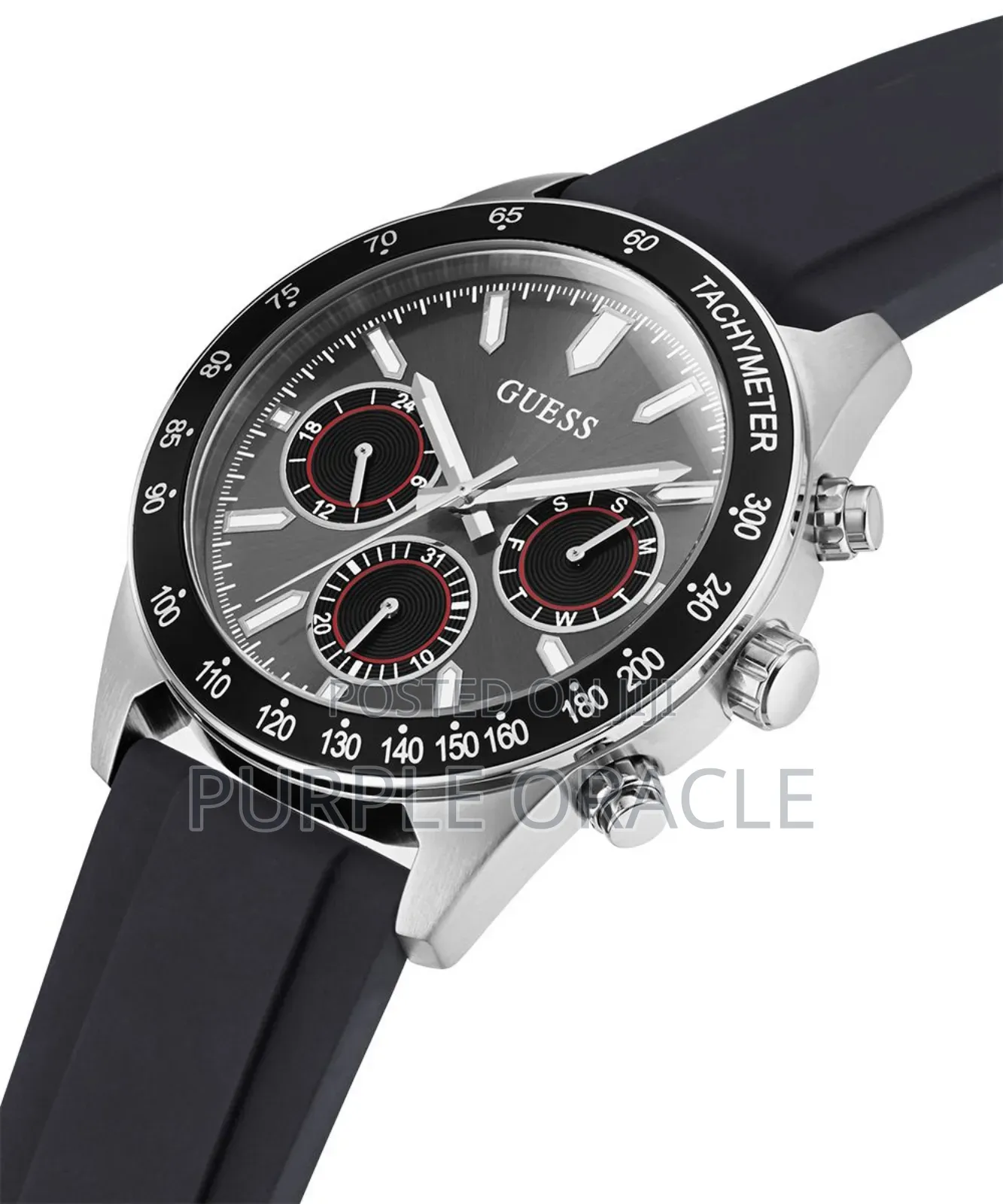 Guess Altitude Silver Black Dial Silicone Strap 42mm Watch.