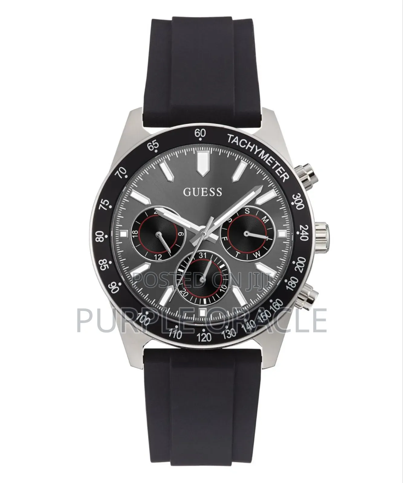 Guess Altitude Silver Black Dial Silicone Strap 42mm Watch.