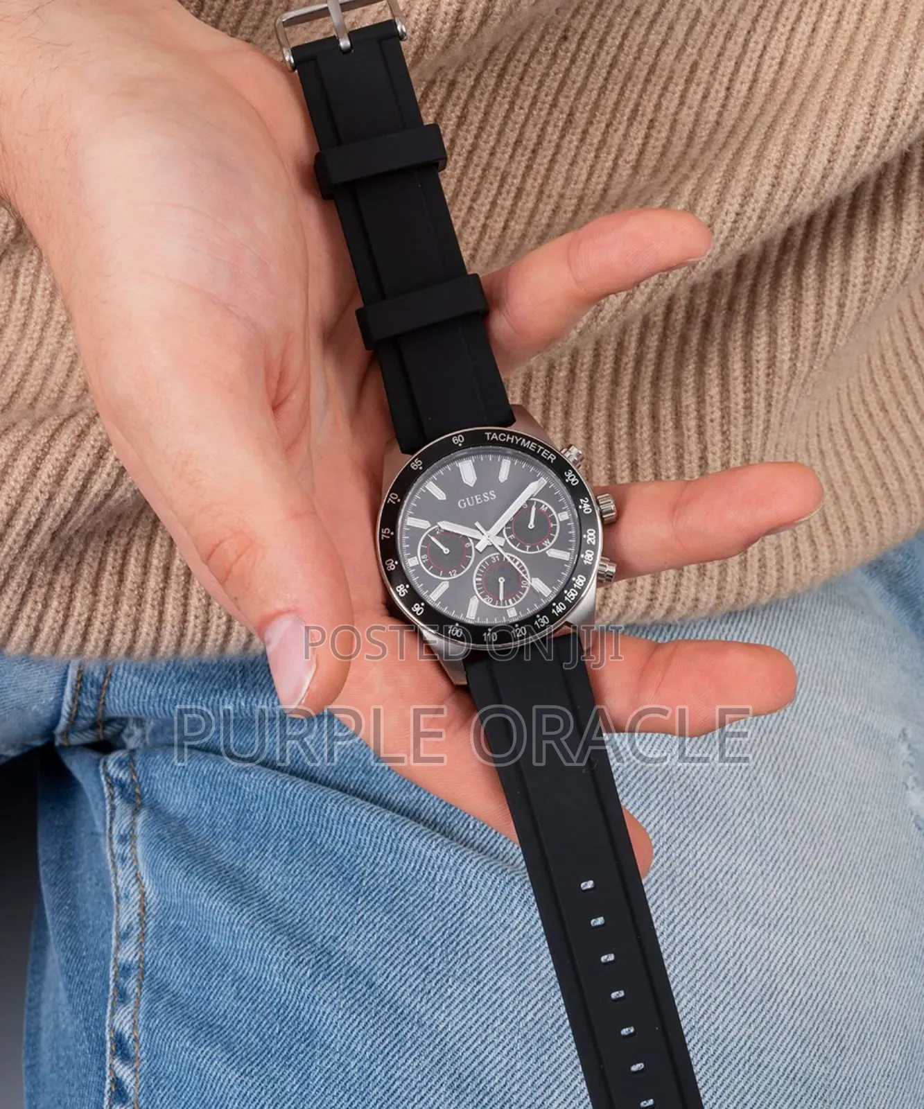 Guess Altitude Silver Black Dial Silicone Strap 42mm Watch.