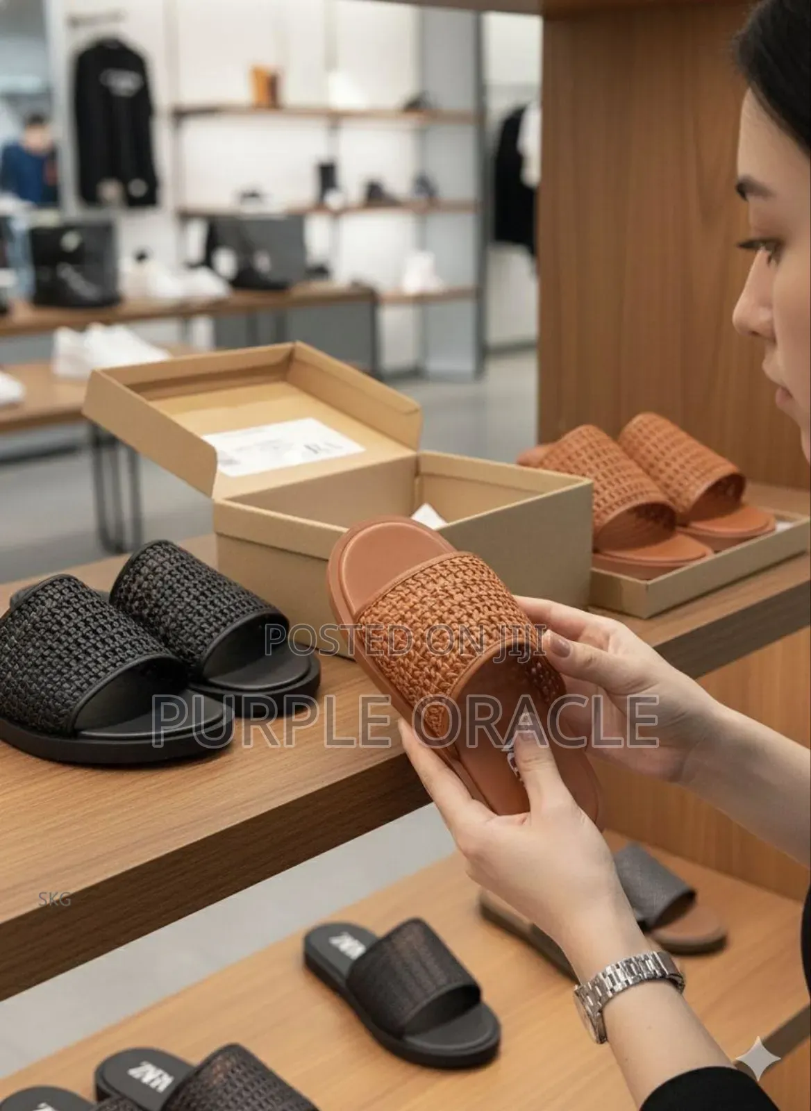 Black And Brown Woven Strap Slides .